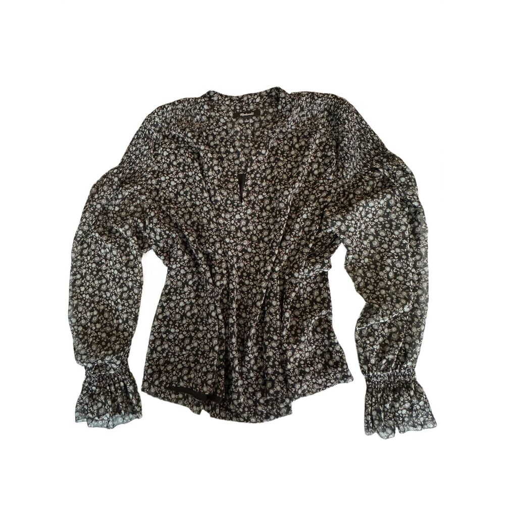 Madewell Semi-Sheer Split-Neck Top Jet Black Floral Large - Picture 2 of 8